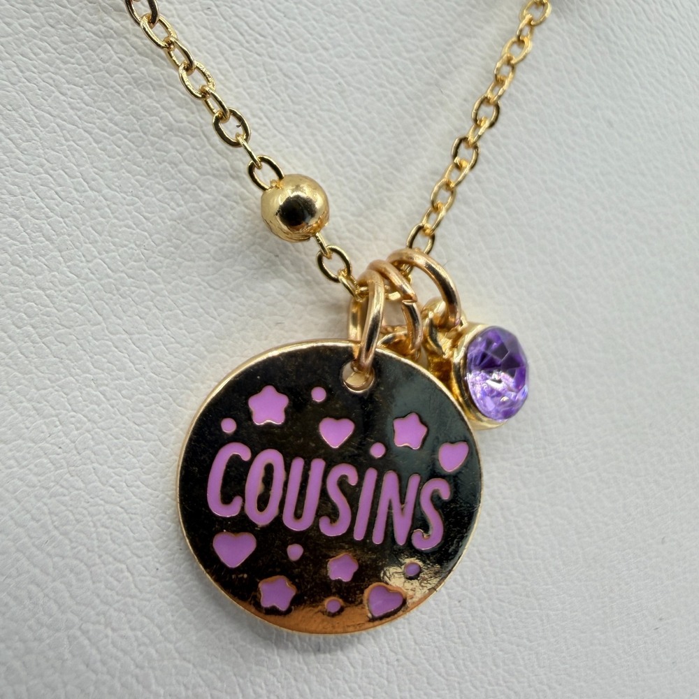 Charming Gold Tone Cousins Charm Necklace with Purple Crystal Accent Gift Idea